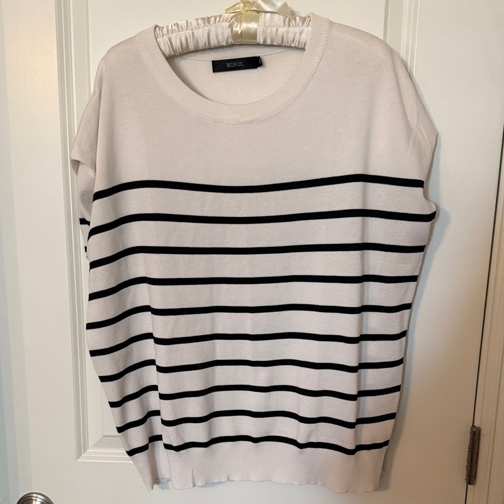 Mirol Women's Striped Crew Neck Sweater - Black and Cream